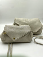 Sofia Convertible Bag in White cream grey soft texture suede.